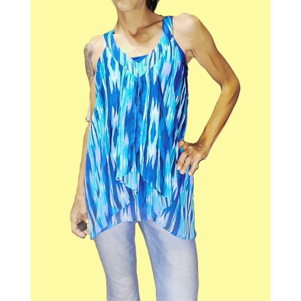 Apt 9 ~ Ocean Blue Abstract Layered Ruffle V-Neck Sleeveless Top ~ Large